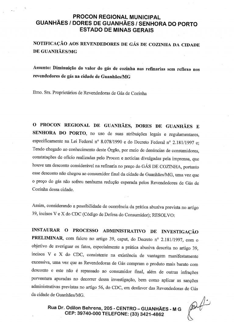 Nota do PROCON Regional de Guanhães