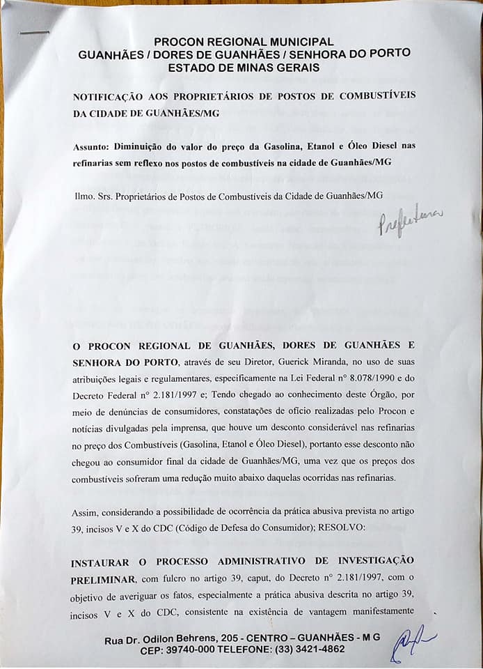 Notificação aos proprietários de postos de combustíveis da cidade de Guanhães/MG