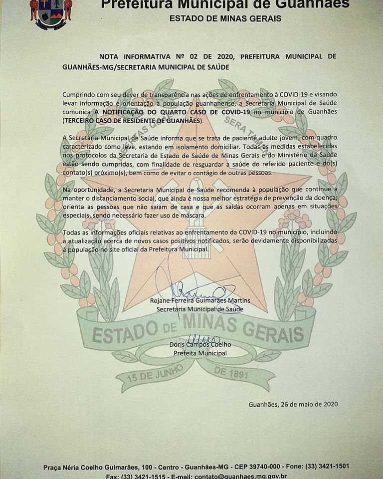Nota Informativa nº 02 de 2020, Prefeitura Municipal de Guanhães/Secretaria Municipal de Saúde.