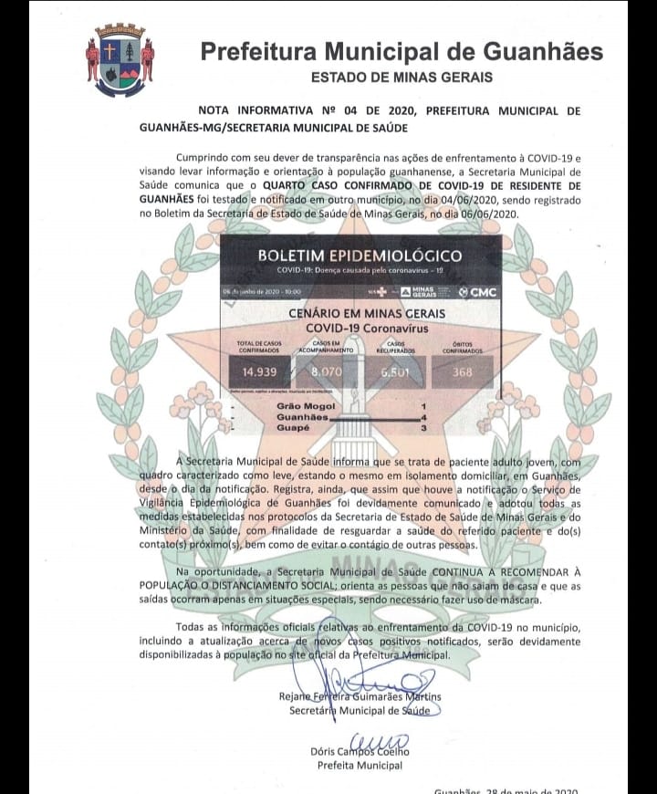 Nota Informativa 04 de 2020, Prefeitura Municipal de Guanhaes – Secretaria Municipal de Saúde
