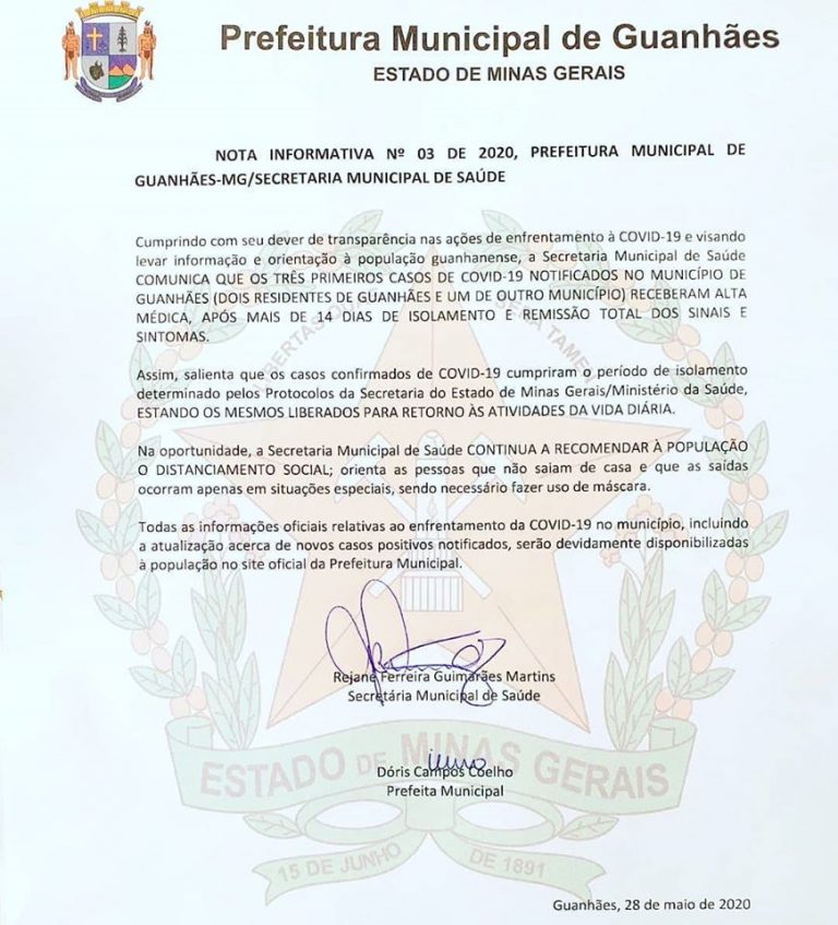 Nota Informativa 03 de 2020, Prefeitura Municipal de Guanhães e Secretaria Municipal de Saúde